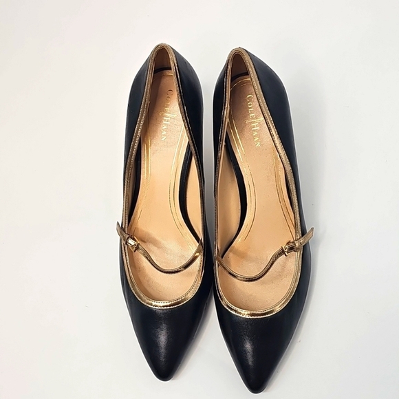 Cole Haan Black w Gold Trim Mary Jane Pointed Toe Pumps W Gold Heels Size: 9M - Picture 10 of 15